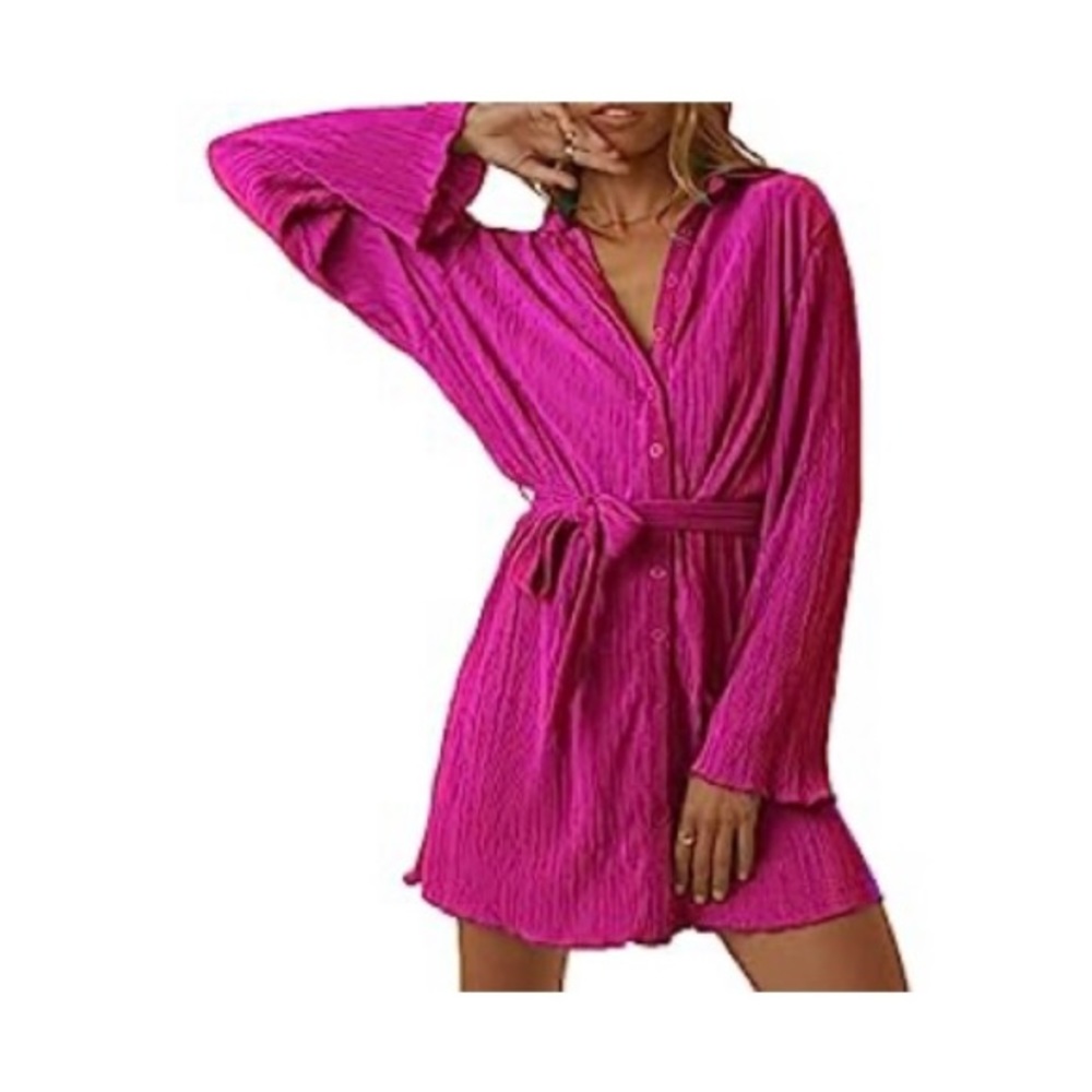 Belted Women’s pink button down dress